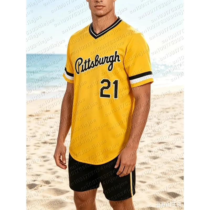 Men'S Kid #21 Yellow Baseball V-Neck Jersey, Classic Retro Letter Design Breathable Short Sleeve T-Shirt