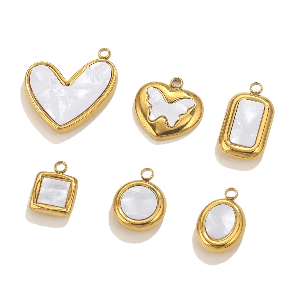 5pcs Stainless Steel Pearl Shell Square Round Oval Cahrms For Necklace Bracelet DIY Pendants Jewelry Making Accessories Craft