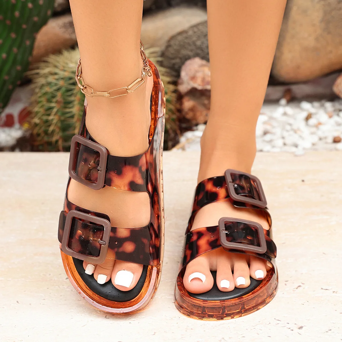 2026 Neue Damen-Leoparden-Jelly-Sandalen mit Doppelschnalle, Dicker Sohle, Rutschfest, Atmungsaktiv, für Outdoor und Strand, Modische Slides – Detail 7