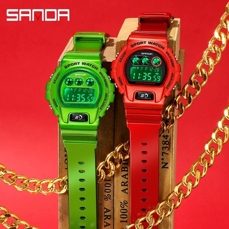 SANDA Personalità Orologi elettronici da uomo Orologio multifunzione digitale luminoso Cinturino rosso 50M Resistente all'acqua Relogio Masculino