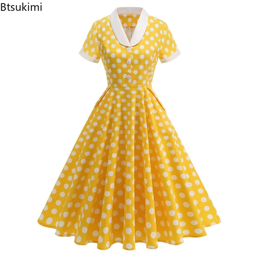 

New 2025 Hepburn Style Vintage Holiday Swing Summer Casual Dress for Women Elegant Polka Dot Print Patchwork Midi Long Dresses
