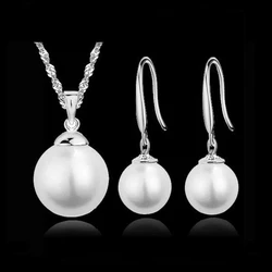 Elegant Bridal Jewely Set Pure Genuine 925 Sterling Silver Color White Pink Pearl Pendant Necklace Earring Women Party Gift