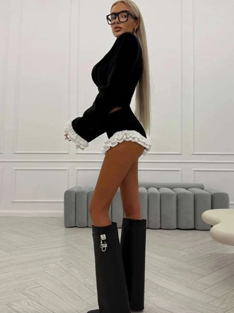 Leosoxs-Conjunto de 2 piezas de encaje de retales, chaqueta clásica elegante y sexi con cuello en V profundo + pantalones cortos de cintura alta, ropa de calle informal a juego