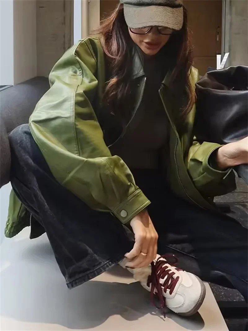 Fmxirres vert Olive veste en cuir manteau femmes automne Vintage haute rue fermeture éclair revers court pardessus ample haut décontracté vêtements d'extérieur