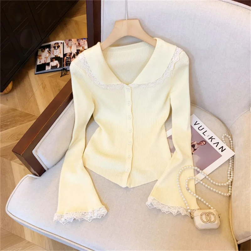 ฤดูใบไม้ผลิฤดูใบไม้ร่วงใหม่ Turn-Down คอยาวแขนยาวแฟชั่นเสื้อกันหนาวผู้หญิง High Street Casual Slim ปุ่มเสื้อสเวตเตอร์ถัก Elegant Lace Tops