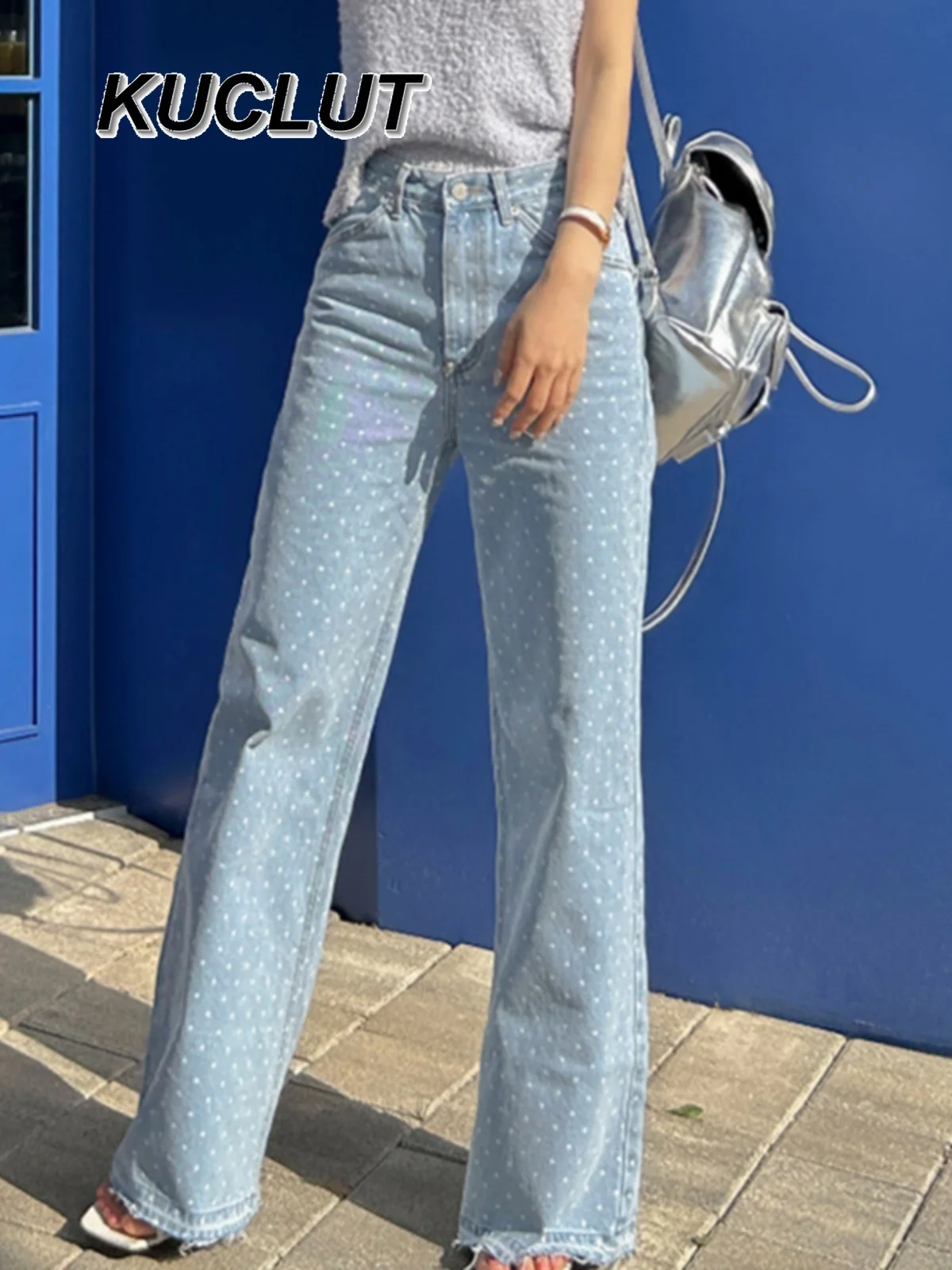 Koreanischen Stil Spribng Herbst Damen Denim Hosen Retro Vielseitig Hohe Taille Dünne Kontrast Polka Dot Breite Bein Jeans für Frauen