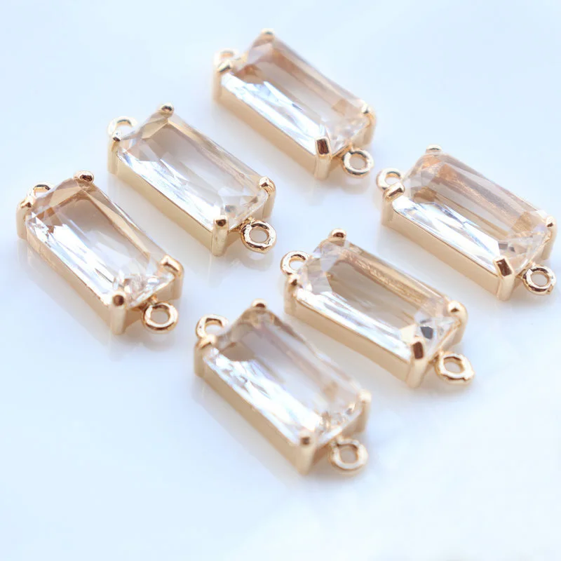 20pcs KC Gold Plated Faceted Transparent Blue Pink Quality Glass Rectangle Pendant Charms Connectors DIY Chain Bracelet Making