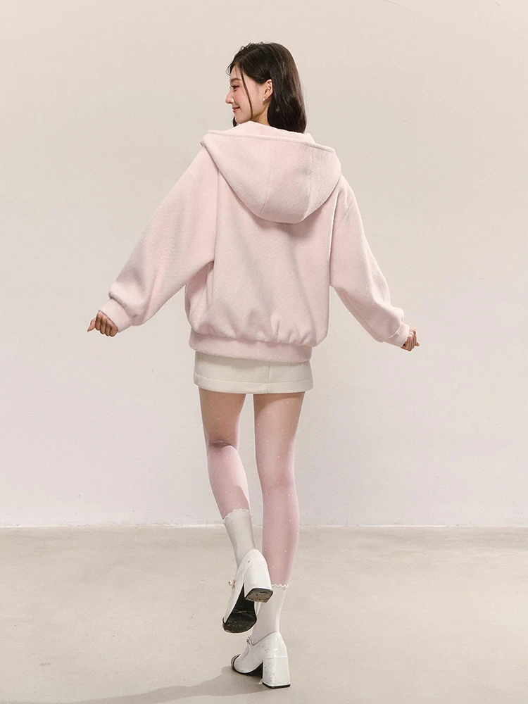 Damska kurtka z kapturem na zamek błyskawiczny REDDACHiC Cutecore, wełniana tweedowa, jednolita, codzienna, z kieszeniami, oversize, z klapami, bluza z kapturem, odzież wierzchnia na jesień i zimę.