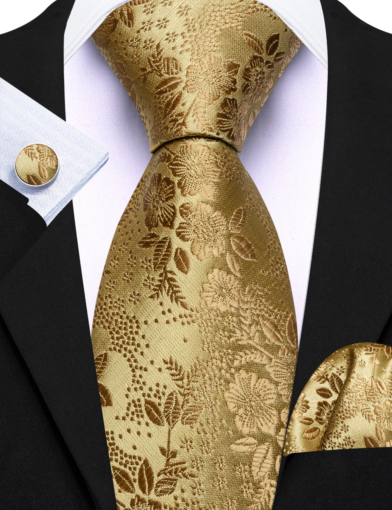 Designer Jacquard Blumen-Krawattenset für Herren Krawatte Einstecktuch Manschettenknöpfe 3-teiliges Set Formelle Hochzeit Business Party Anzug-Accessoires – Detail 5