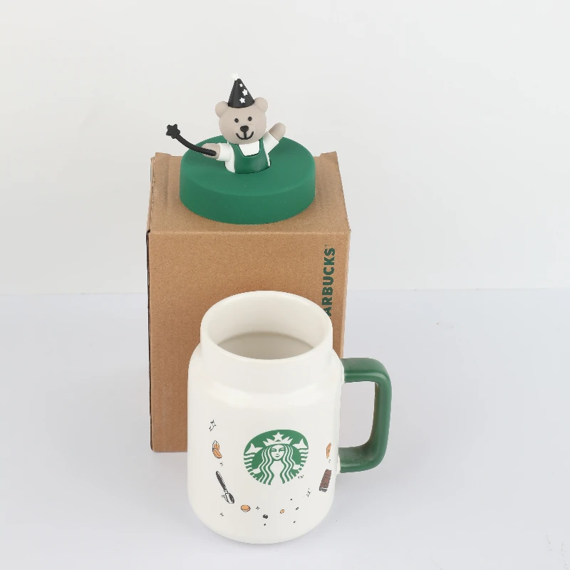 Caneca Starbucks com Tampa de Silicone Urso 435ml, Caneca de Cerâmica Urso Mágico Bearista Estilo Mason, Coleção Eco, Presente Ideal para a Família