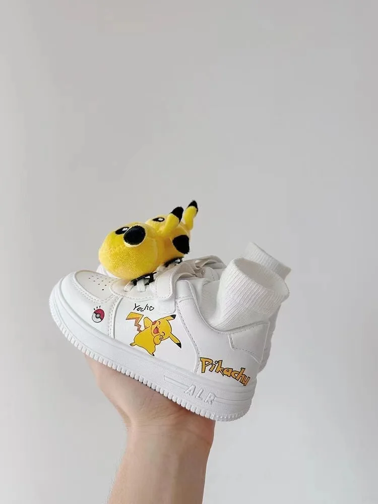 really pictures Leather yellow Pikachu girls cute children's small white 2024 autumn new board shoes sports shoes