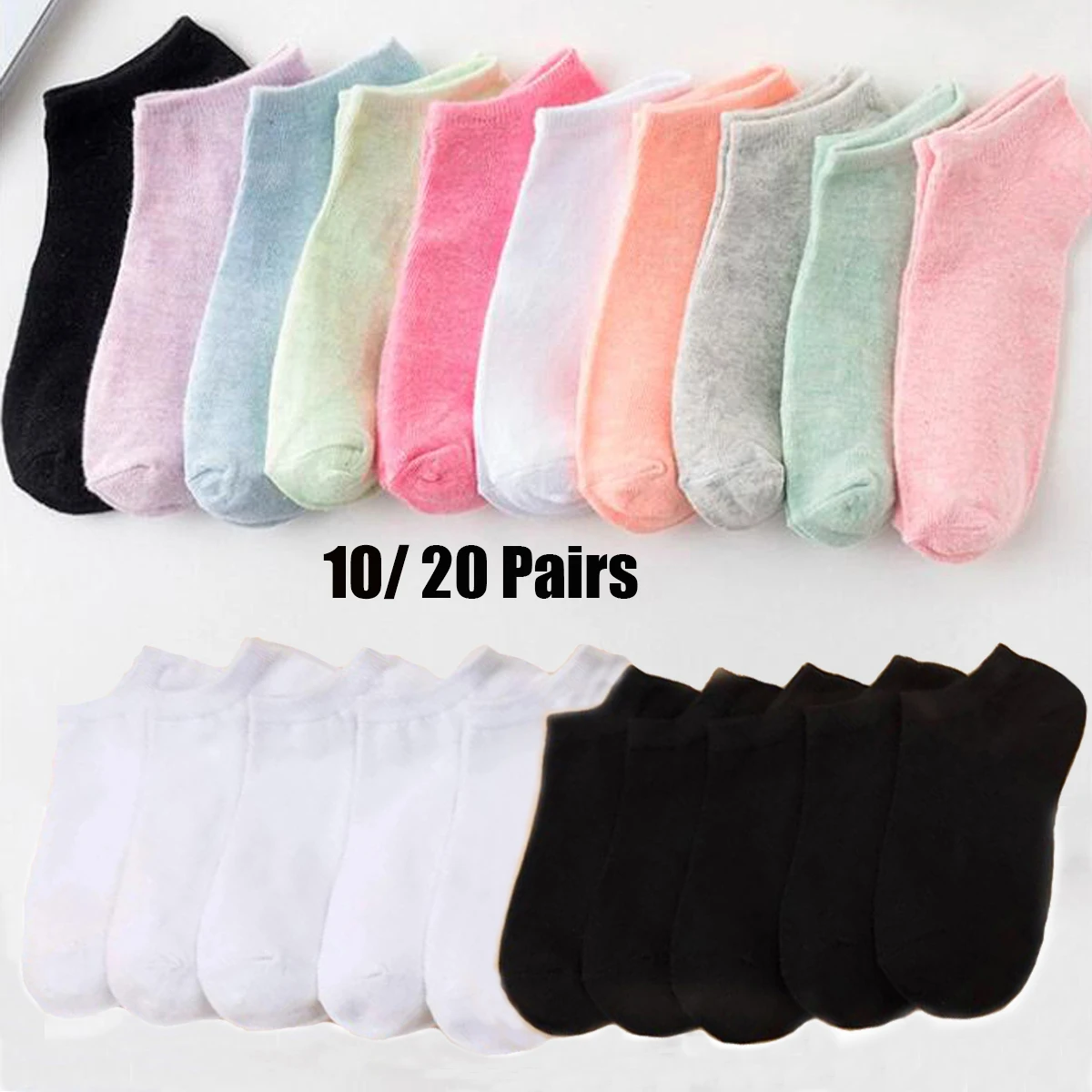 

10/20 Pairs Women' s Candy Colors Ankle Socks Invisible Black And White Breathable Sports Socks For Ladies Girls
