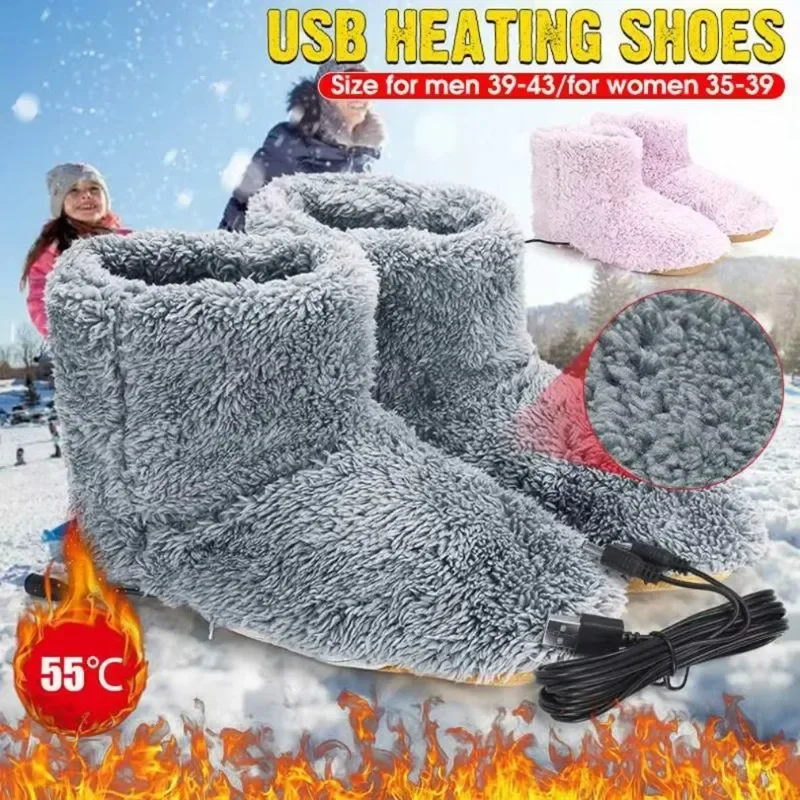 1pair USB Heater Foot Shoes for Men Women Winter Warm Snow Boots Plush Warm Electric Slippers Washable Feet Heated Shoes Warmer