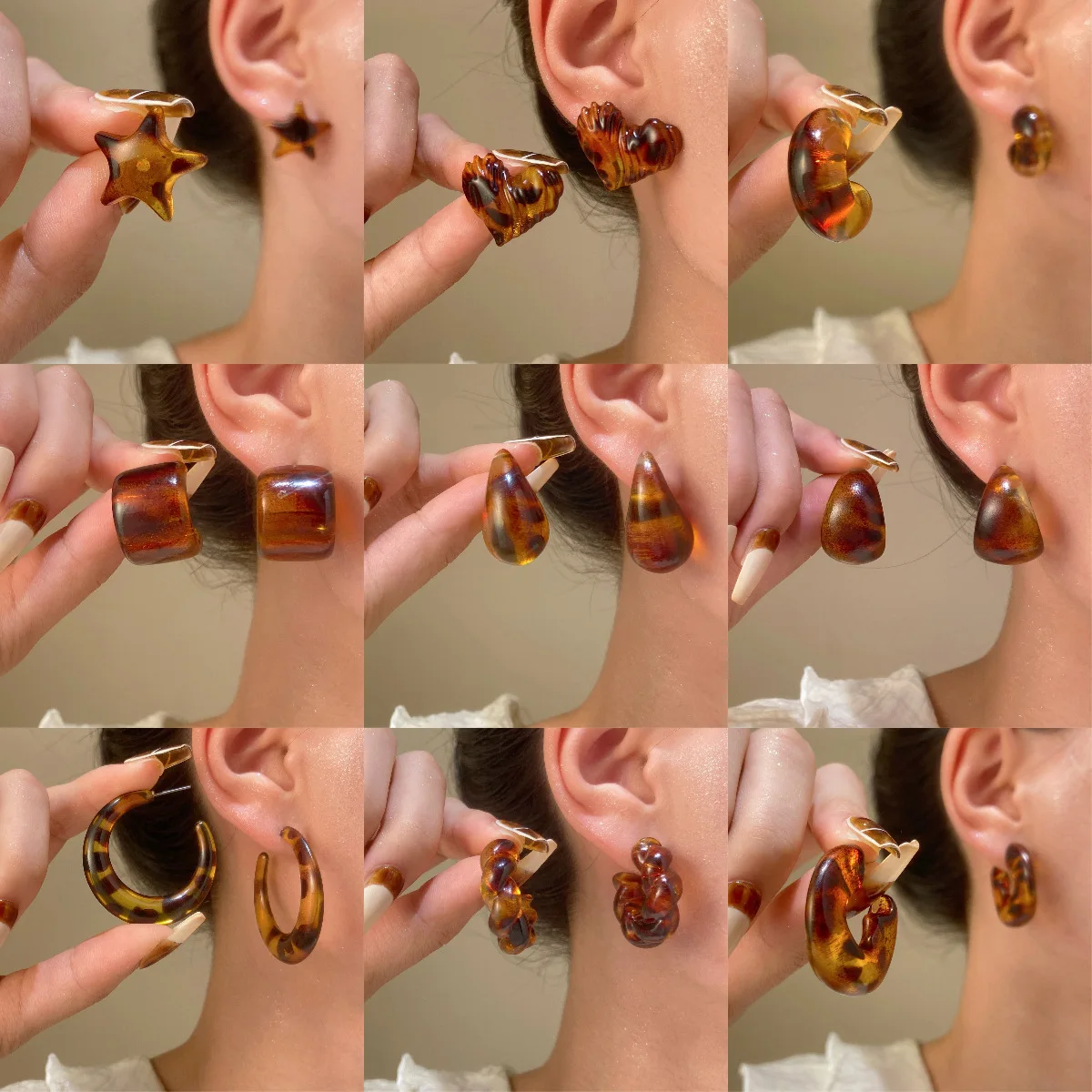 

European American Fashion Brown Moon Star Heart Shape Acrylic Earrings For Women Maillard Retro Simple Versatile Jewelry Gifts