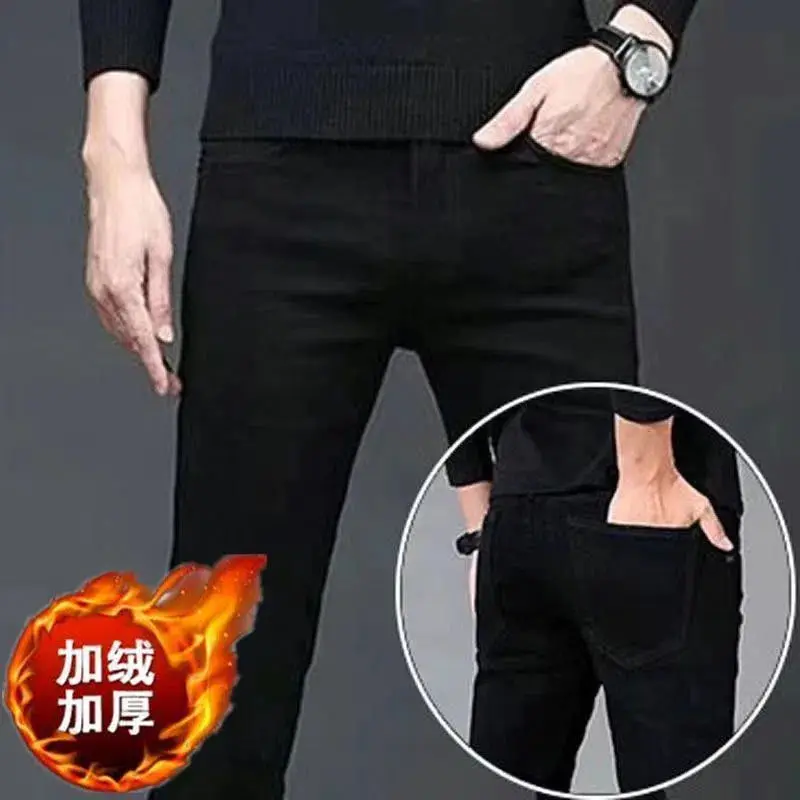 

Autumn Winter New Classic Fashion Trend Plus Fleece Stretch Shorts Men's Casual Comfort Warm High Quality Jeans 27-38