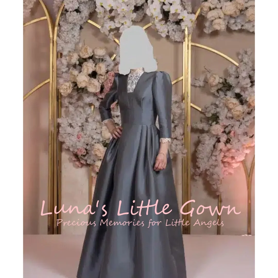 

Gray Satin Maxi Dress With Lace Neck & Cuff Details Modest Kids First Communion & Bridesmaid Flower Girl Gown Customized