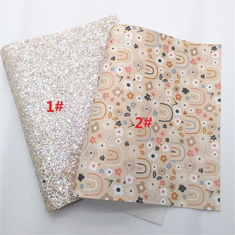 Crystal Cearm Glitter Leather Sheets Rainbow Flowers Plaids Printed Synthetic Leather Sheets Iridescent Leather DIY 21x29CM Y406