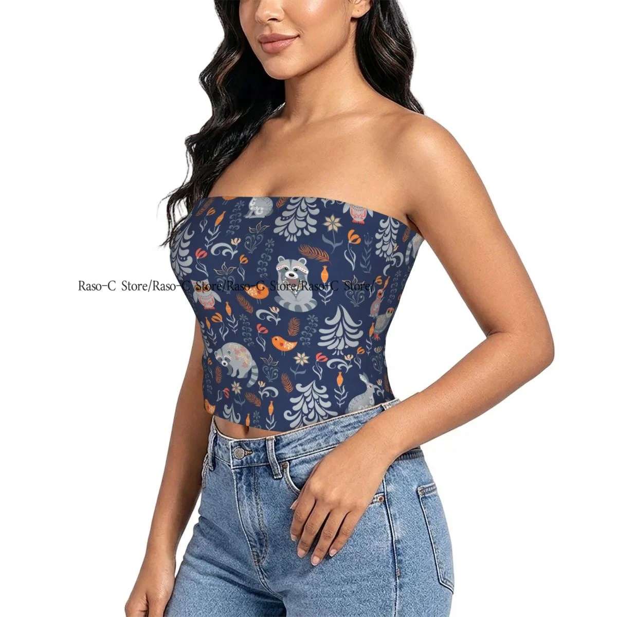 Women Block Crop Slim Tube Top Autumn Forest Raccoons Owls And Rabbits Strapless Top For Summer Female Clothing
