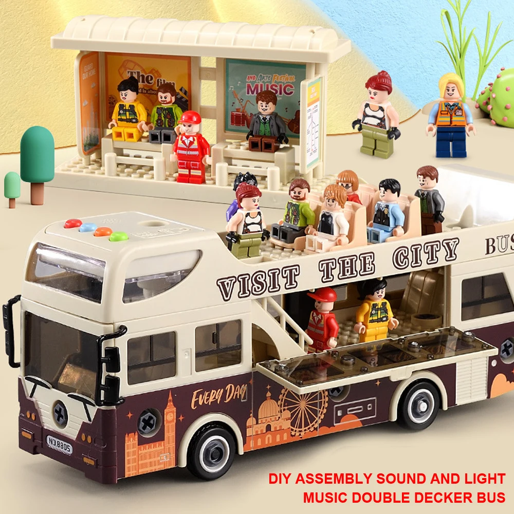 Puzzle DIY Assembly Sound And Light Music Children's School Bus Baby Double Decker Bus, Inertial Sliding Large Bus Model,XT26