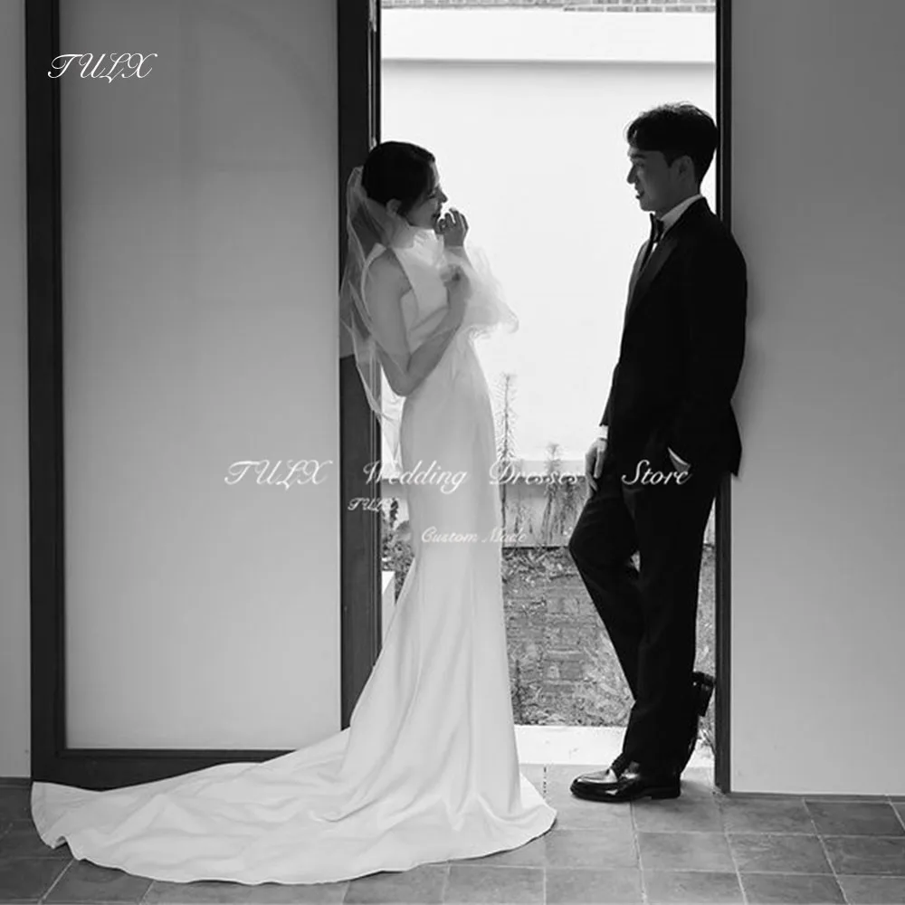 

TULX O-Neck Sleeveless Korea Soft Satin Wedding Dress Photo Shoot Mermaid Long Sweep Train Bridal Gown Corset/Zip 웨딩드레스 Custom