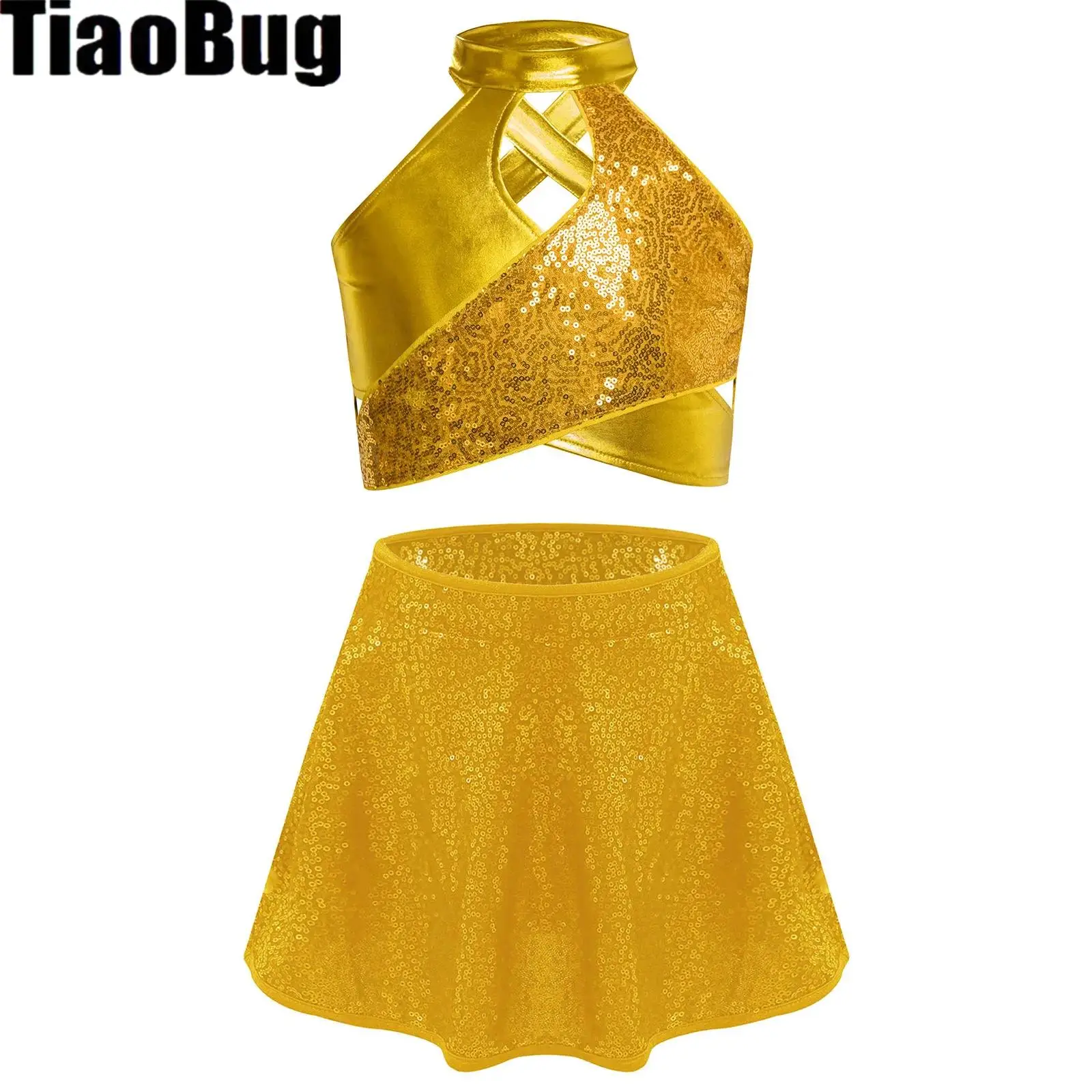 

Girls Jazz Dance Outfit Cross Keyhole Sequin Metallic Crop Top with Sequin Skirt Set for Gymnastics Ballet Latin Dance Costumes