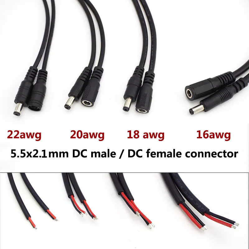 16/18/20/22awg 7A 10A DC Male Female Power Supply Connector extension Cable 5.5x2.1mm Copper Wire Current For LED Strip light R1