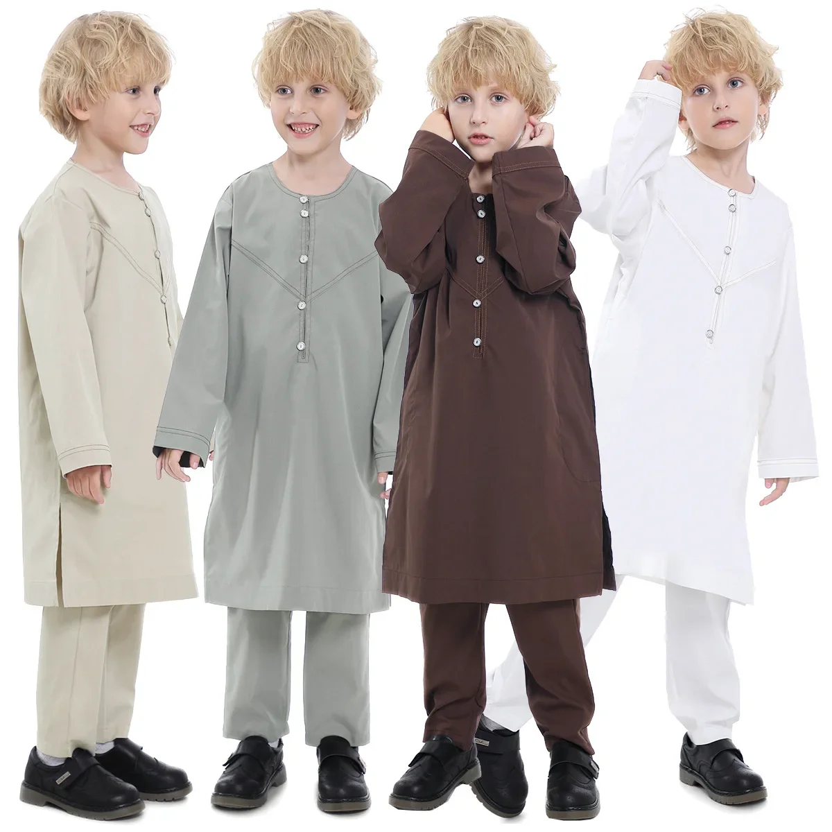 2024 Bambini musulmani Jubba Thobe Ragazzo arabo Thobe Bambini Abaya Ramadan Abito Pantalone Set 2 pezzi Caftano Robe Caftano Musulman Ensembles