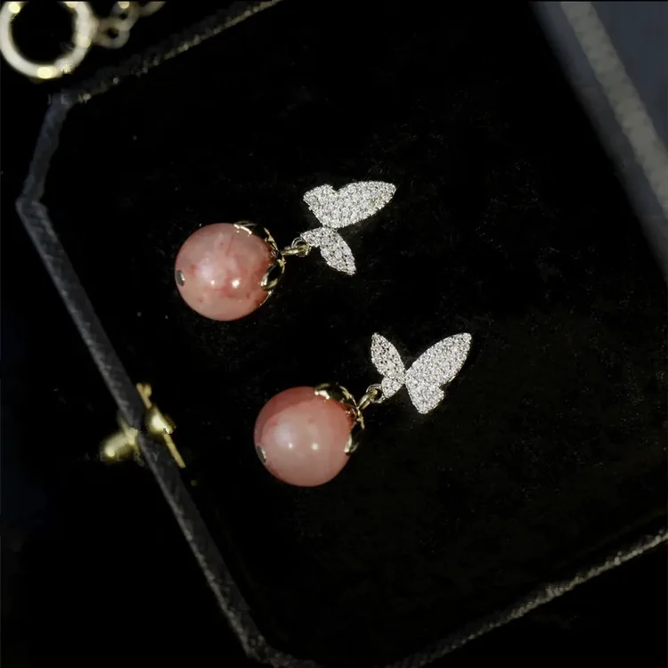 Korean Pink Butterfly Stud Earrings For Women Exquisite Sweet Opal Temperament Earrings Y2K Wedding Jewelry Gift