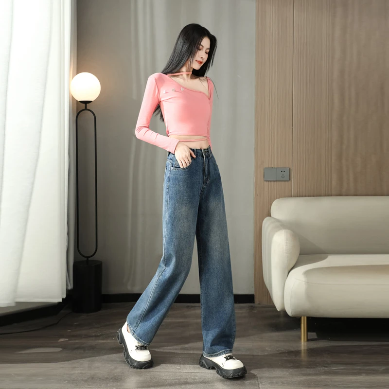 

Повседневные прямые джинсы с высокой талией, женские свободные джинсовые брюки, длинные широкие брюки, эластичный комфорт, высокий дизайн