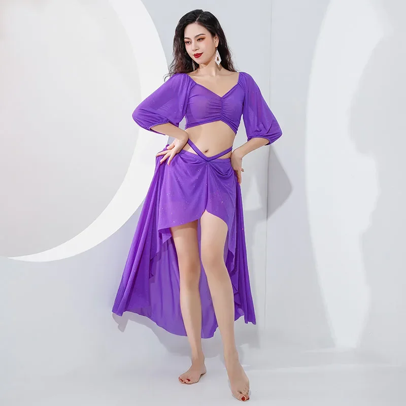 

Women Belly Dance Blouse Top Long Skirt Suit Set Training Dance Practice Costume Adult Oriental Dance Clothing