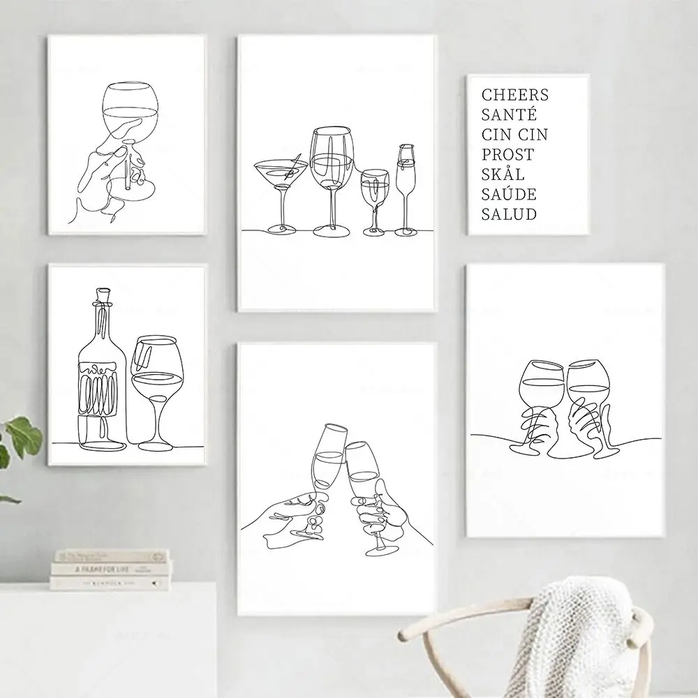 Wine Poster Abstract Line Drawing Prints Wine Lover Bar Decor Gift Minimalist Kitchen Wall Art Canvas Painting Cheers Pictures