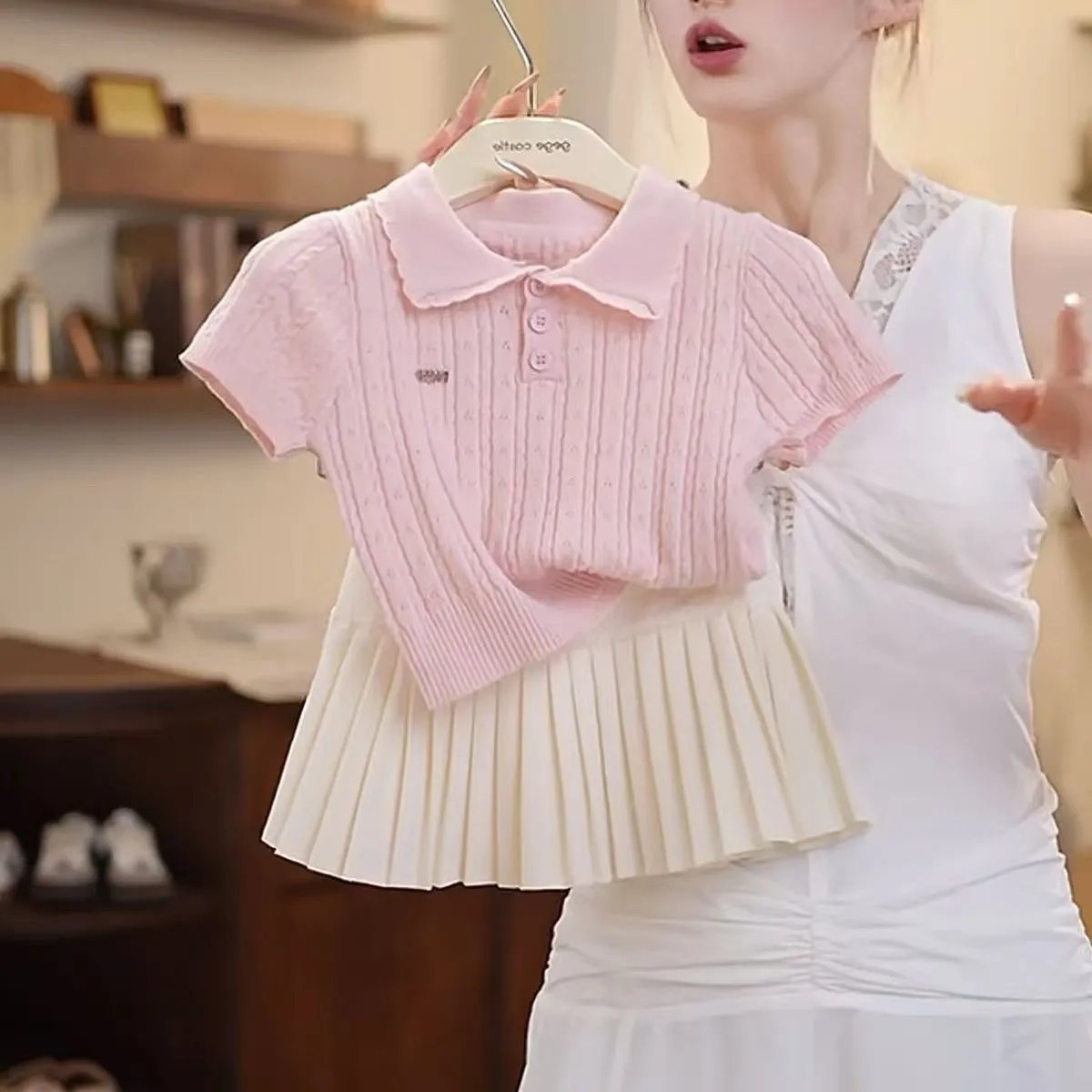 

Girl Baby Summer Set New Children's Sweet Knitted Short Sleeve Top+pleated Skirt Two Piece Set Trendy