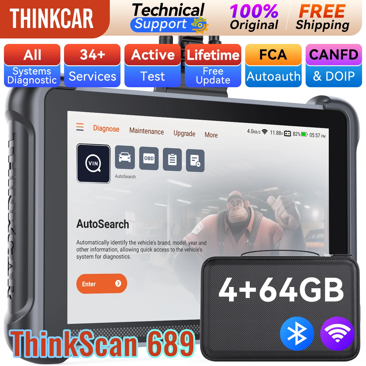 Versão Global THINKCAR THINKSCAN 689 Ferramenta de Diagnóstico OBD2 DOIP CANFD Codificação Bidirecional de ECU 34 Funções de Redefinição Atualização Gratuita Vitalícia