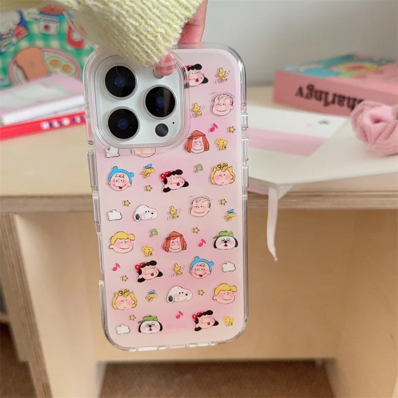 Engraçado dos desenhos animados bonito snoopy charlie marrom uma família feliz capa de telefone para iphone 13 14 15 16 pro max gradiente rosa snoopy caso