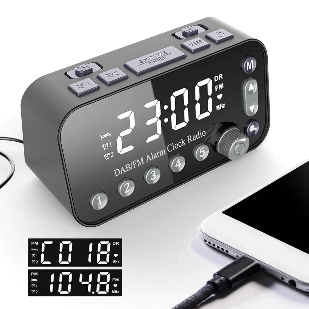 Elegant Alarm Clock DAB FM Radio Dual USB Charging Port Adjustable Alarm Volume Alarm Clock Broadcasting Radio