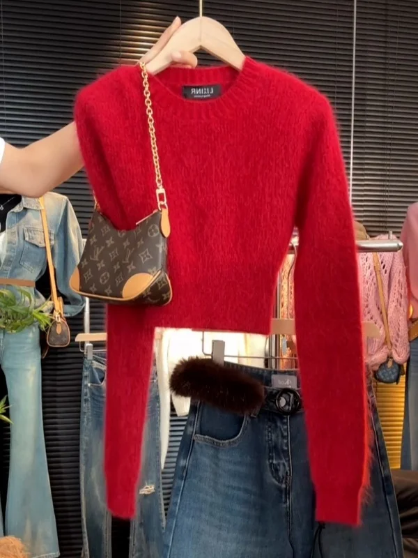 

Christmas New Year Red Long Sleeve Knitted Slim Fit Pullover Women's Spring Soft Short Top V-neck Warm Casual Fashion