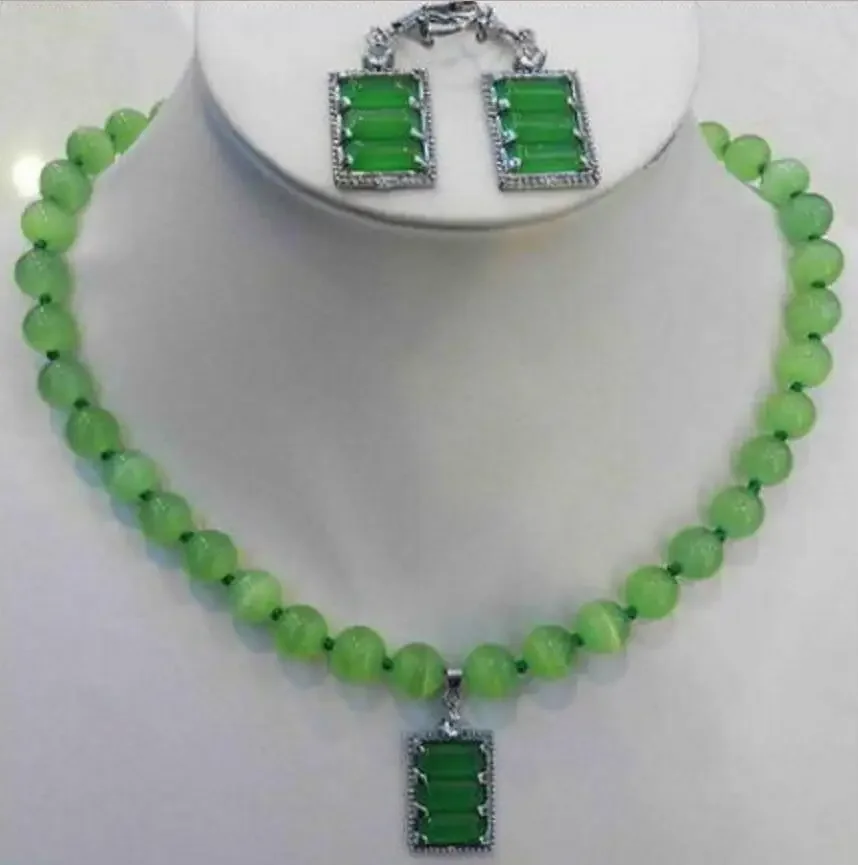 

new hot Beautiful Green Mexican Opal Round Beads Gems Pendant Necklace Earring Set 18"