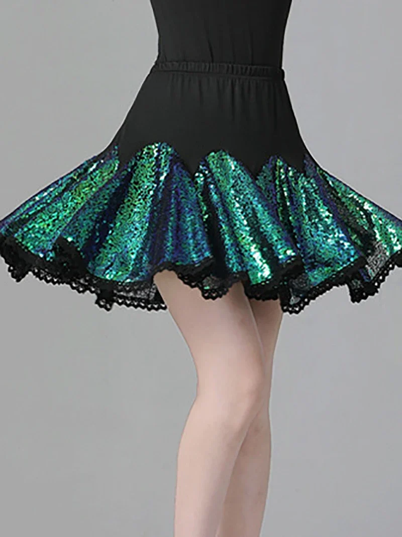 Costume da ballo latino per adulti Gonna da ballo ricamata con paillettes glitterate Gonne a pieghe Danza moderna Abbigliamento da ballo per donna