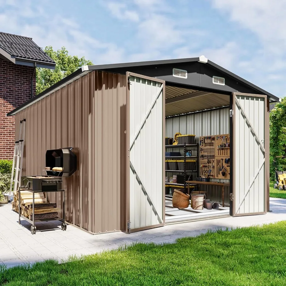 

10x12 foot outdoor storage shed with floor foundation and lockable double doors, heavy-duty galvanized steel outdoor metal shed
