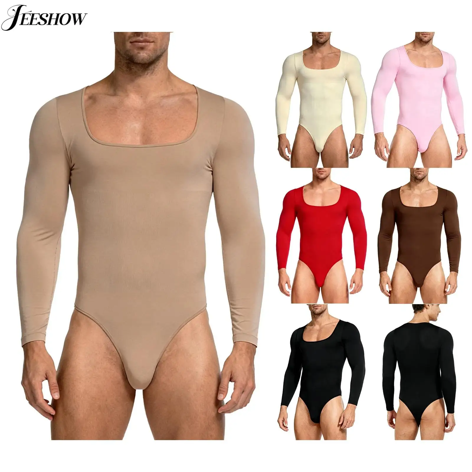 

Mens Ribbed Long Sleeve Bodysuit Athletic Yoga Fitness Square Neck Openable Crotch High Cut Leotard Undershirts Jumpsuit