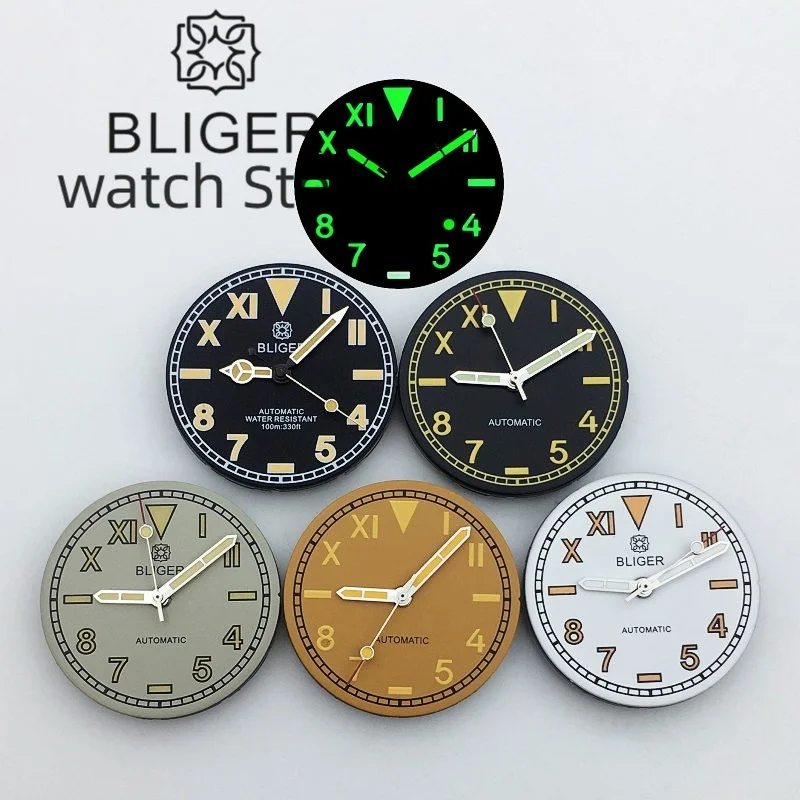 BLIGER 29mm dial Black grey White Gold dial Roman Index with hand green luminous fit NH35 NH36 movement watch accessories