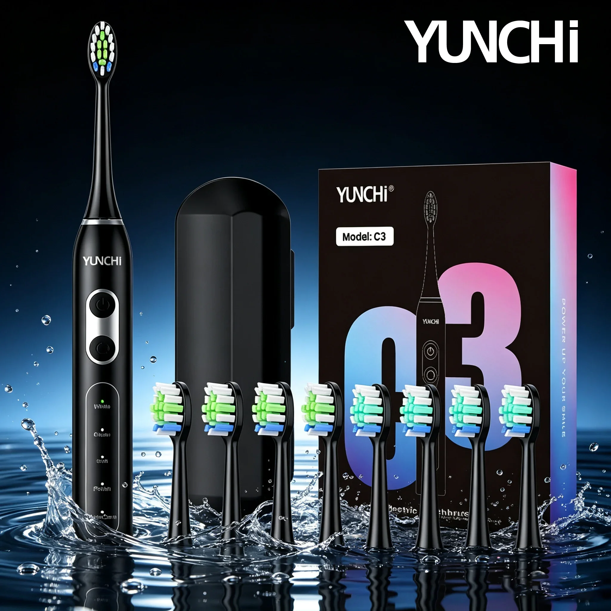 YUNCHI C3 Electric Toothbrush 8 Heads 5 Modes 35 Days Battery IPX7 Waterproof USB Charging with Travel Box