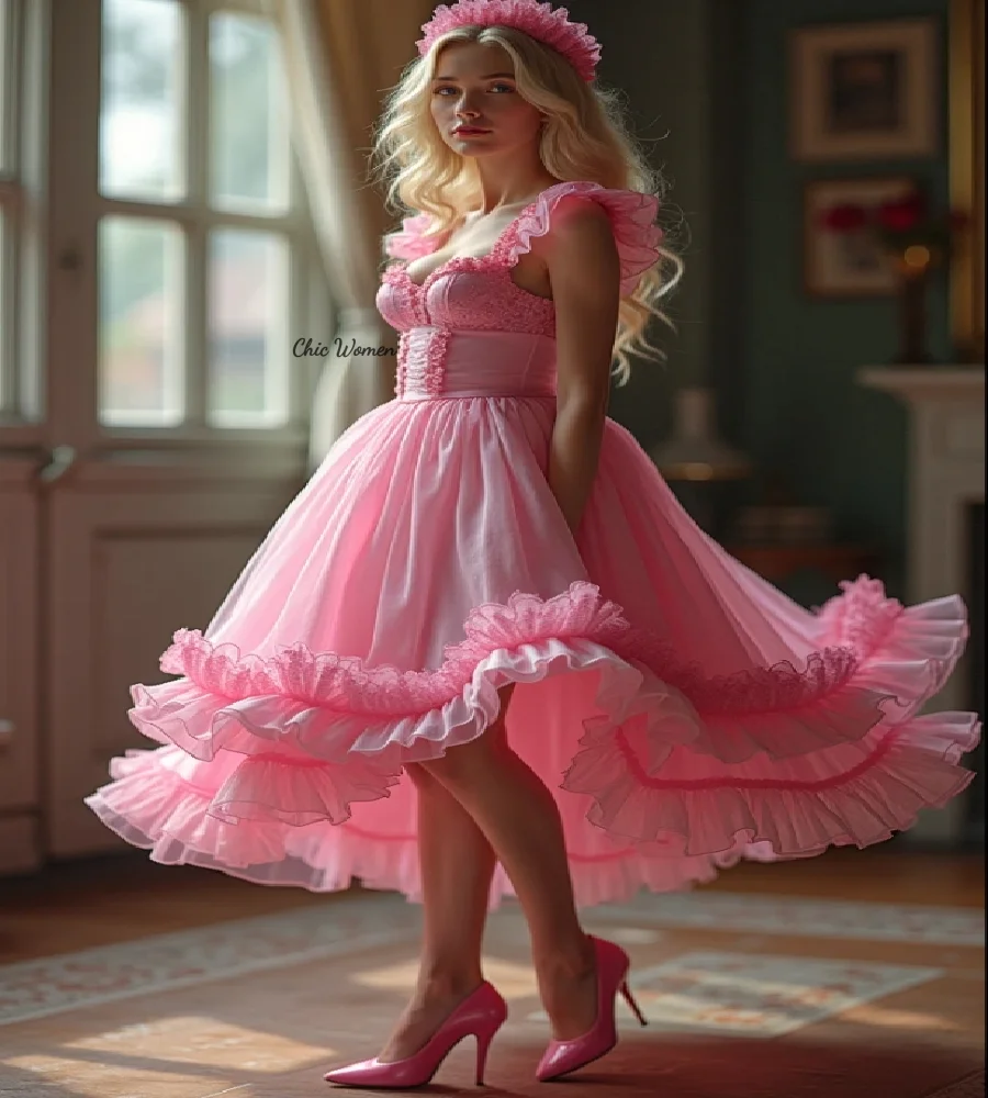 Vestido de fiesta rosa de elfo celeste con dobladillo con volantes, vestido de noche corto hasta el té, fiesta de cóctel de hadas caprichosa personalizada