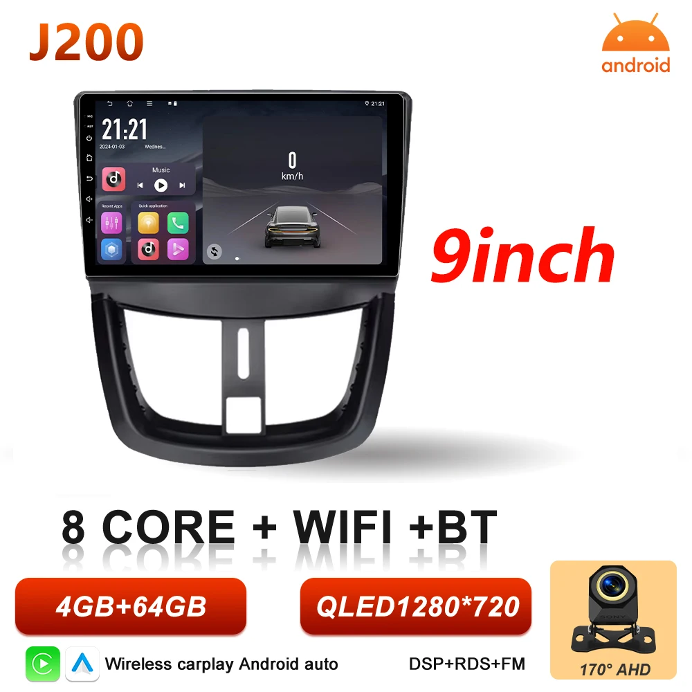 Android 16 Auto autoradio voor Peugeot 206+ 207 207CC 2006 - 2015 Carplay multimediaspeler GPS navigatie DSP autoradio scherm