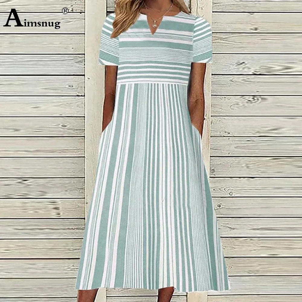 

Aimsnug 2023 Summer Bohemian Mid-Calf Dress Plus Size Women Fashion Stripe Print Dresses Female Casual Loose Dress Clothing 3XL