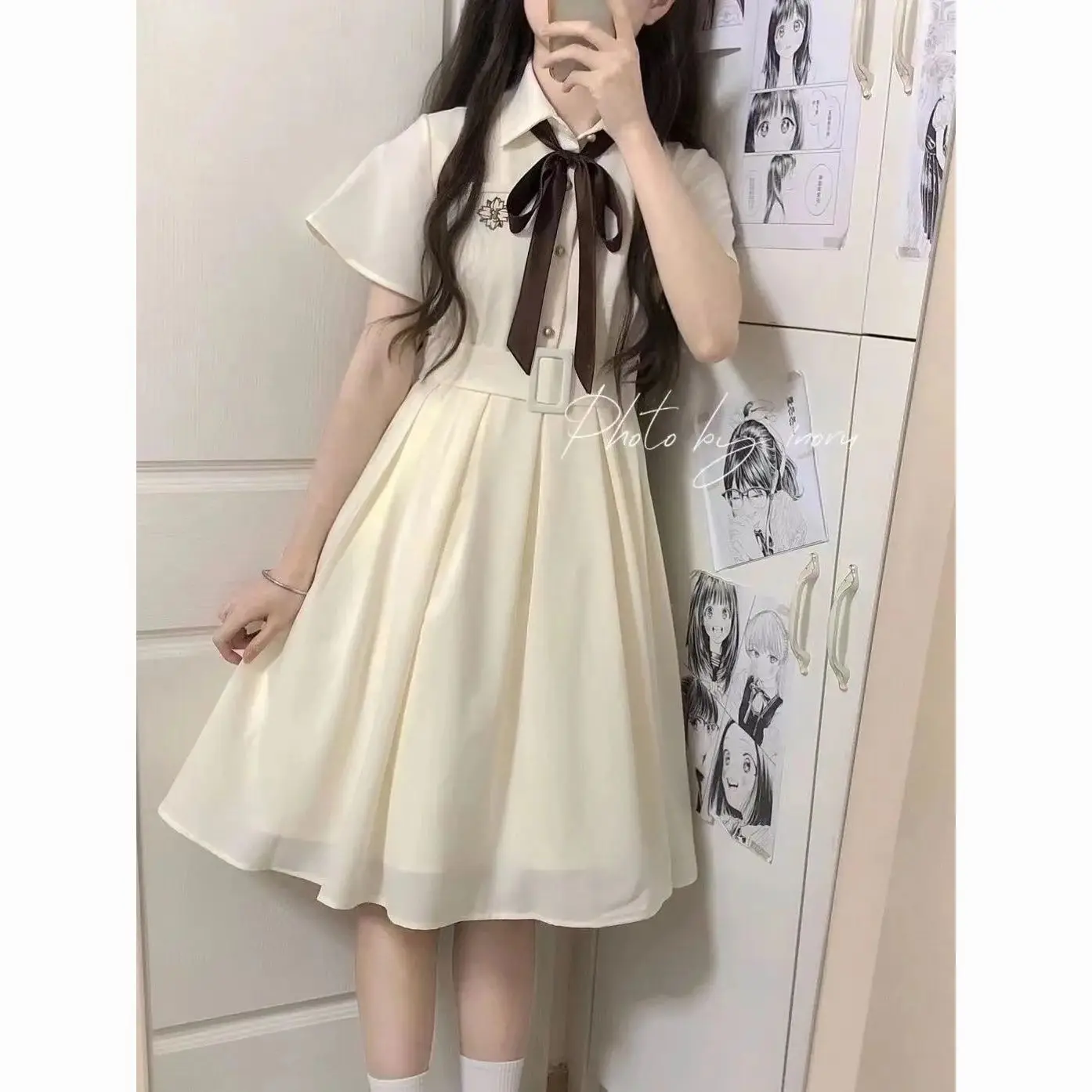 Japan JK Apricot Dress Kawaii School Dress Soft Girls Mori Sweet Lolita Embroidery Student Party Mini Short Dresses Fashion