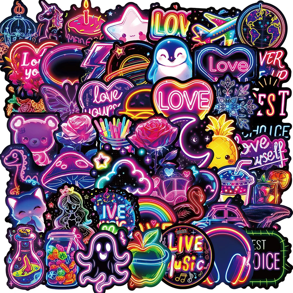 Cute Cartoon Neon Light Adesivos para Crianças, DIY Decalques Brinquedo, Skate, Notebook, Phone Case, Engraçado Graffiti Sticker Decor, 10 Pcs, 30 Pcs, 50Pcs