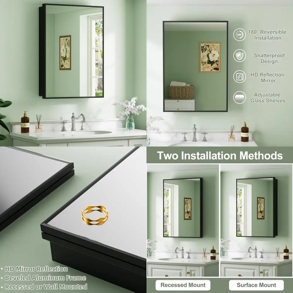 

24 x 30 Framed Medicine Cabinet with Mirror for Recessed or Wall Mount, Tempered Glass Shelves Bathroom Storage