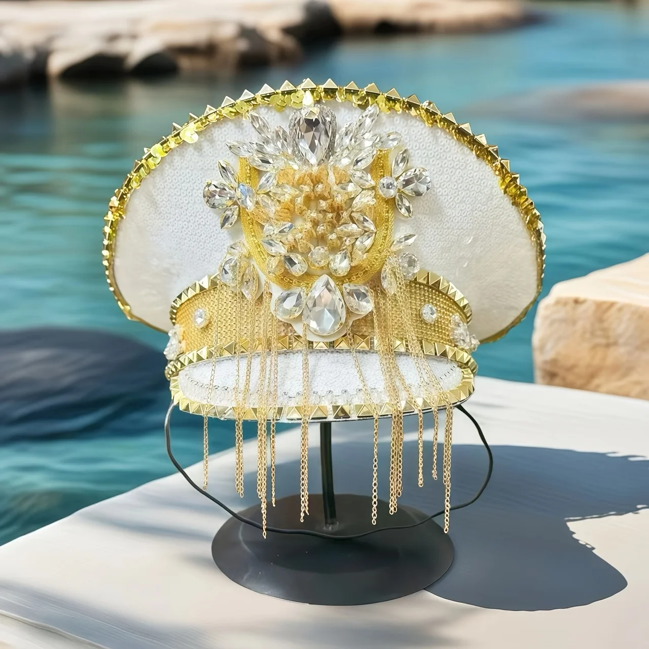 قبعة زي مهرجان الموسيقى HongLuan، قبعات الكابتن حجر الراين للمرأة الكرنفال، إكسسوارات نسائية تنكرية