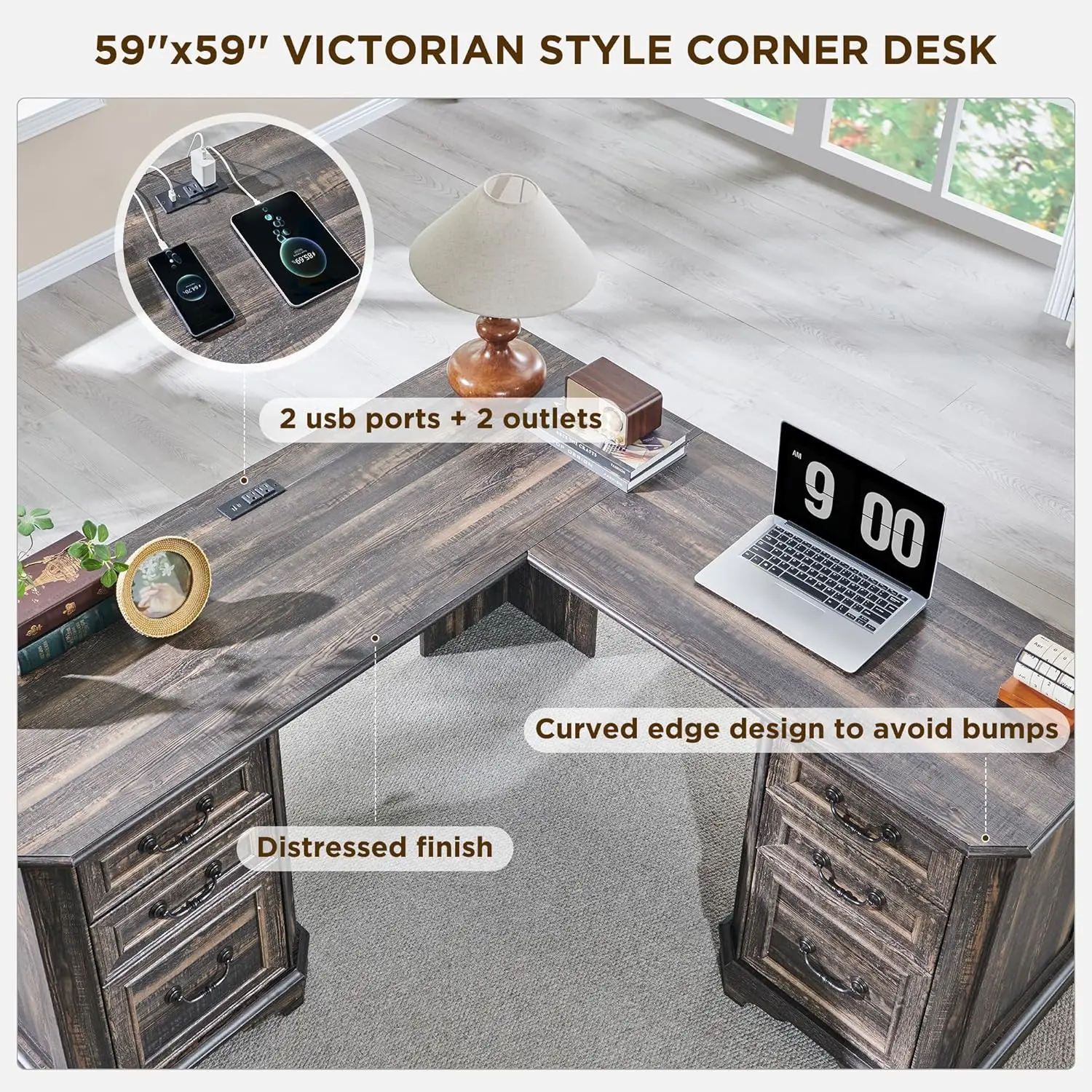 59-футовый L-образный стол с ящиками, компьютерный стол из дерева в фермерском доме, зарядная станция, ящик для документов, шкаф для хранения, дуб темного деревенского языка